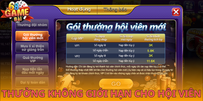 Ưu đãi thưởng 68% không giới hạn cho các hội viên tham gia